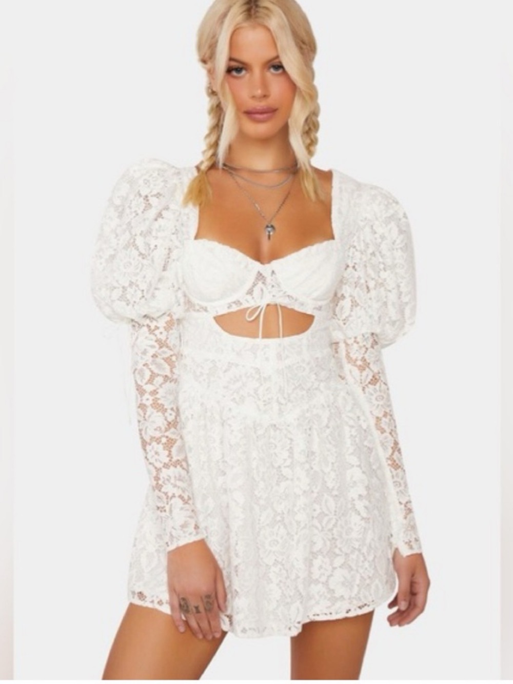For Love & Lemons White Lace Puff-Sleeve Mini Dress